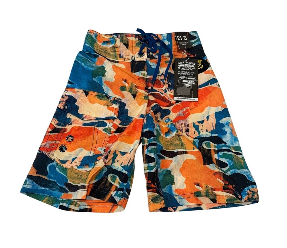 NWT Just Bones Boardwear Boys Boardshorts Siz 21 Orange Blue Camo Swim Trunk 4/5